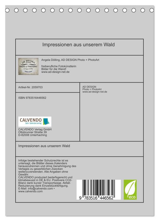 Produktbild: Impressionen aus unserem Wald (Tischkalender 2026 DIN A5 hoch), CALVENDO Monatskalender