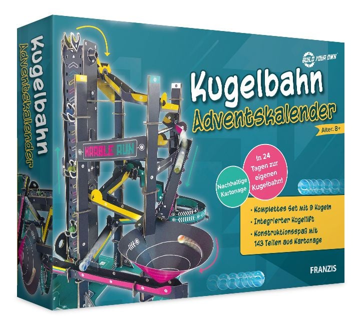 Produktbild: FRANZIS 67300 - Kugelbahn Adventskalender. In 24 Tagen zur eigenen Kugelbahn. Mit nachhaltiger Kartonage. F&uuml;r Kinder ab 8 Jahren