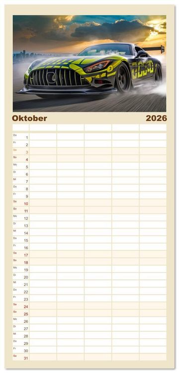 Produktbild: Familienplaner 2026 - Fantasievolle Rennautos - Im Rausch der Geschwindigkeit mit 5 Spalten (Wandkalender, 21 x 45 cm) CALVENDO