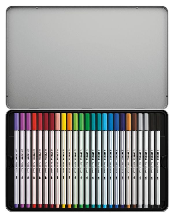 Produktbild: STABILO Premium-Filzstift mit Pinselspitze f&uuml;r variable Strichst&auml;rken -   Pen 68 brush - 25er Metalletui - mit 19 verschiedenen Farben