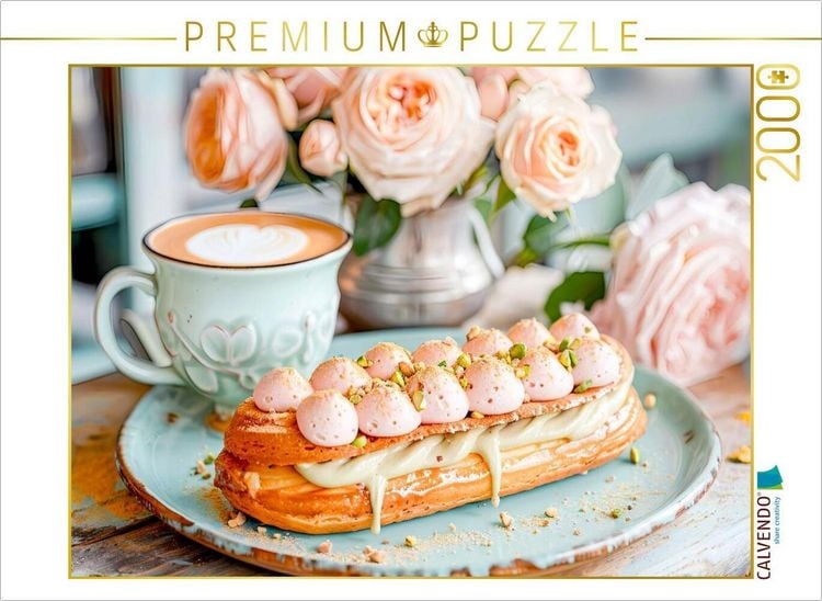 Produktbild: CALVENDO Puzzle Cappuccino mit &Eacute;clair und Rosen | 2000 Teile Lege-Gr&ouml;&szlig;e 90x67cm Foto-Puzzle f&uuml;r gl&uuml;ckliche Stunden