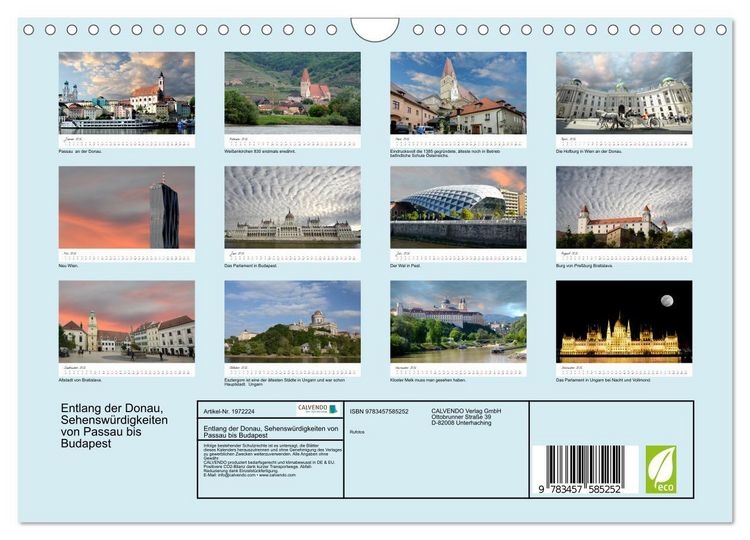 Produktbild: Entlang der Donau, Sehensw&uuml;rdigkeiten von Passau bis Budapest (Wandkalender 2026 DIN A4 quer), CALVENDO Monatskalender