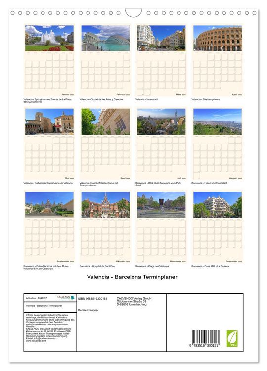 Produktbild: Valencia - Barcelona Terminplaner (Wandkalender 2026 DIN A3 hoch), CALVENDO Monatskalender