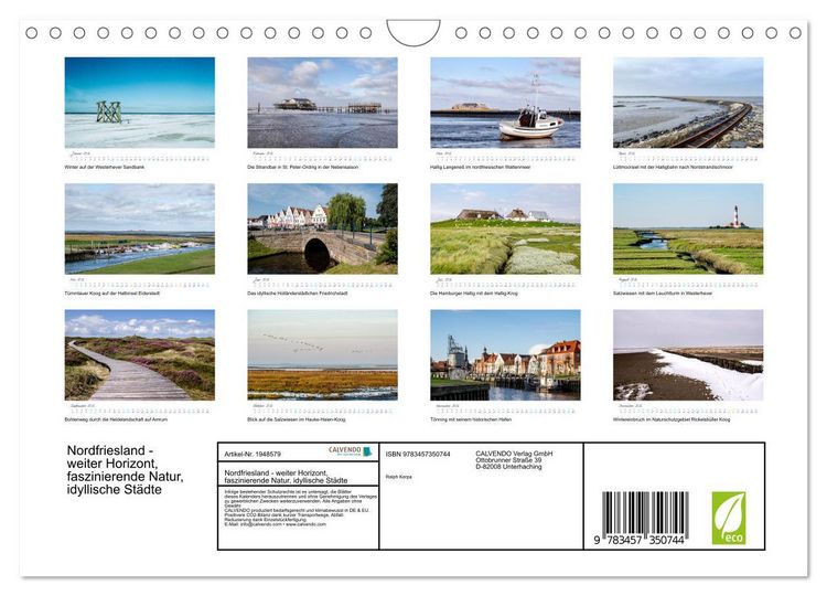 Produktbild: Nordfriesland - weiter Horizont, faszinierende Natur, idyllische St&auml;dte (Wandkalender 2026 DIN A4 quer), CALVENDO Monatskalender