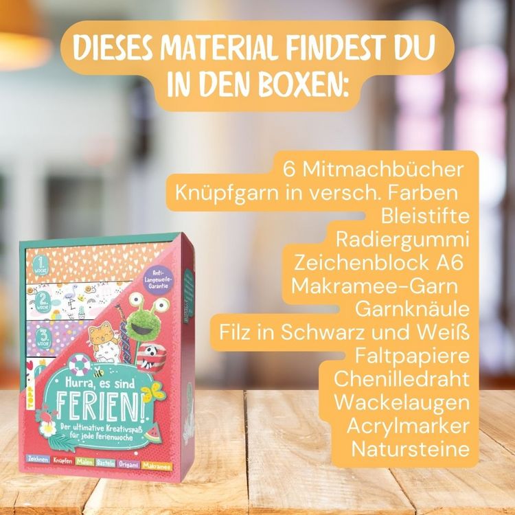Produktbild: Die Ferien-Bastelbox: Hurra, es sind Ferien! Der ultimative Kreativspa&szlig; f&uuml;r jede Ferienwoche