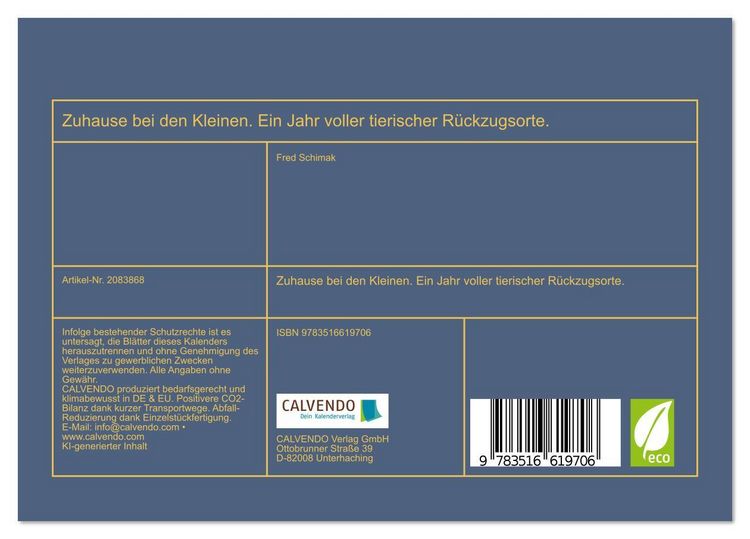 Produktbild: Zuhause bei den Kleinen. Ein Jahr voller tierischer R&uuml;ckzugsorte. (Tischkalender 2026 DIN A5 quer), CALVENDO Monatskalender