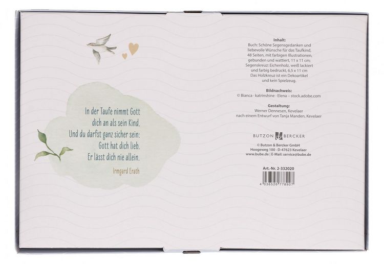 Produktbild: Butzon & Bercker Geschenkset zur Taufe 15 x 22 x 2 cm &ndash; Holzkreuz aus Buchenholz wei&szlig; lackiert mit Taufspruch, gebundenes Buch 11 x 11 cm, Lieferung in Geschenkverpackung
