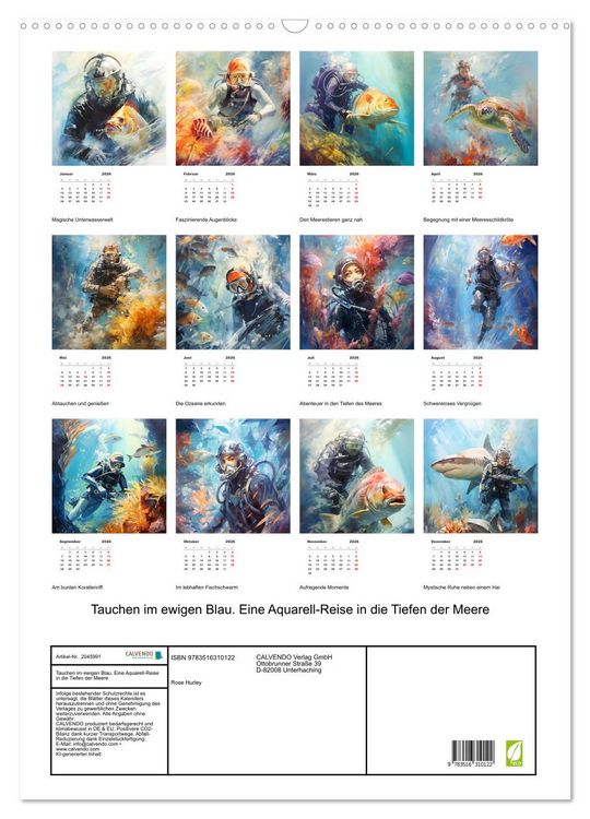Produktbild: Tauchen im ewigen Blau. Eine Aquarell-Reise in die Tiefen der Meere (Wandkalender 2026 DIN A2 hoch), CALVENDO Monatskalender