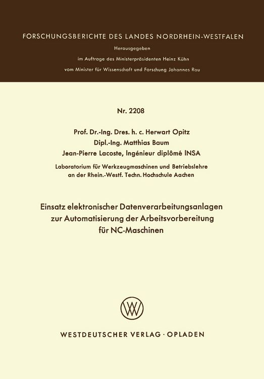 Produktbild: Einsatz elektronischer Datenverarbeitungsanlagen zur Automatisierung der Arbeitsvorbereitung f&uuml;r NC-Maschinen