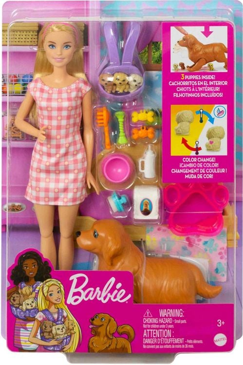 Produktbild: Barbie Puppe (blond) mit Hund & Welpen, Set inkl. Zubehör