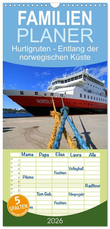 Produktbild: Familienplaner 2026 - Hurtigruten - Entlang der norwegischen K&uuml;ste mit 5 Spalten (Wandkalender, 21 x 45 cm) CALVENDO