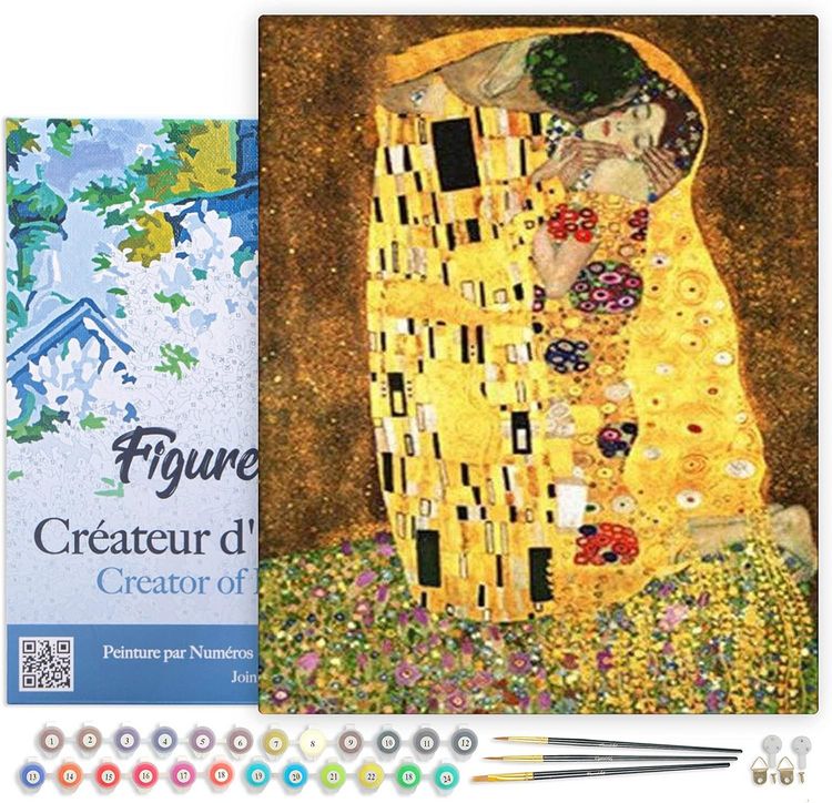 Produktbild: FiguredArt PN1023-Y - Malen nach Zahlen Der Kuss Klimt, Leinen-Keilrahmen (40x50cm), Malset, Paint by Numbers
