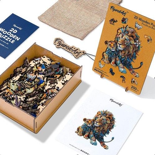 Produktbild: FiguredArt HNWP805 - Holzpuzzle Erwachsene - L&ouml;we und Junges, 200 Teile, 26,9x28,8 cm