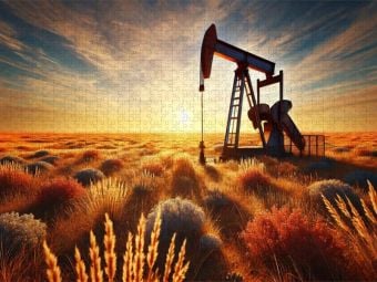 Produktbild: CALVENDO Puzzle Pumpjack im Abendgold - Das Herz der Pr&auml;rie. Wo Feuer, Stahl und Sonne um die Wette gl&uuml;hen. | 1000 Teile Lege-Gr&ouml;&szlig;e 64x48cm Foto-Puzzl