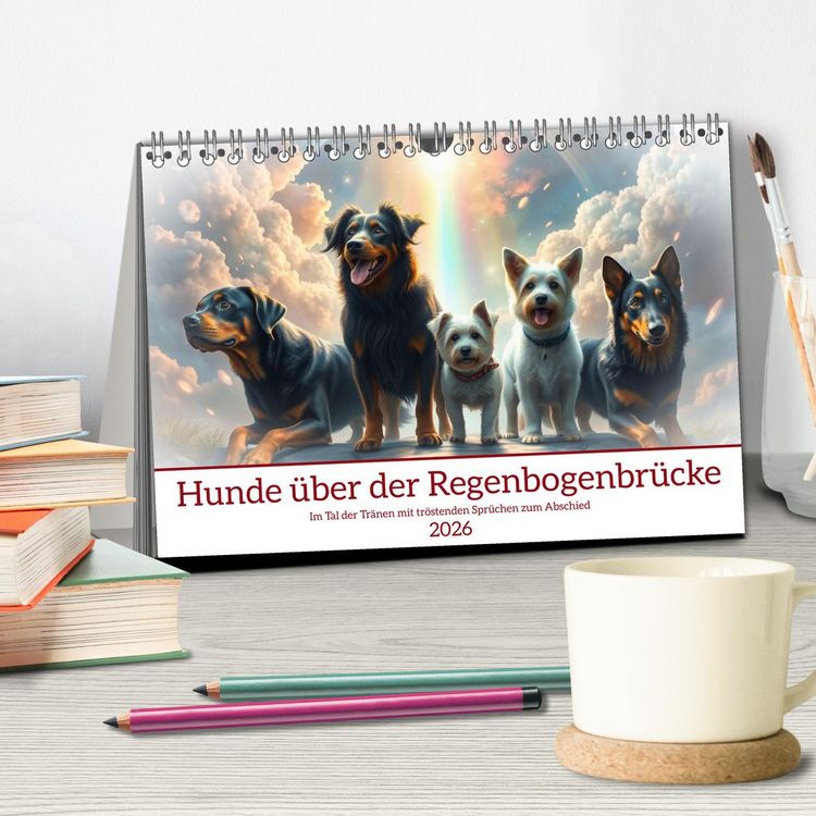 Produktbild: Hunde &uuml;ber der Regenbogenbr&uuml;cke (Tischkalender 2026 DIN A5 quer), CALVENDO Monatskalender