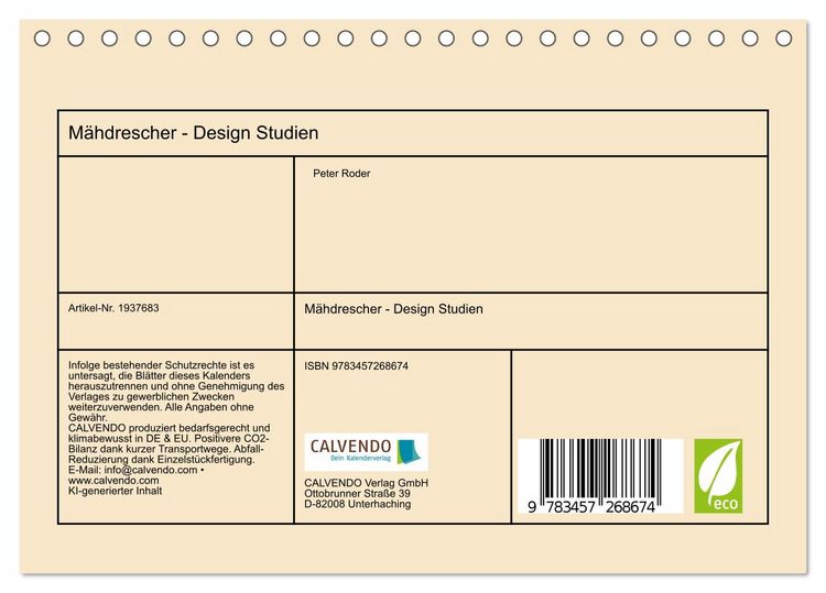 Produktbild: M&auml;hdrescher - Design Studien (Tischkalender 2026 DIN A5 quer), CALVENDO Monatskalender