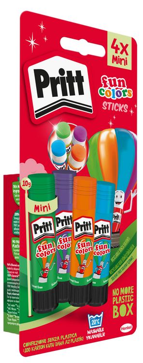 Produktbild: Pritt Klebestifte Fun Colors, 4 10 g sortierte Farben, (gr&uuml;n, orange, blau, lila) 9H PRRSI