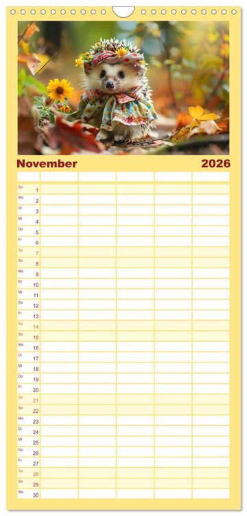 Produktbild: Familienplaner 2026 - Zauberhafte Igel-Models. Blumiger Stil in der Natur mit 5 Spalten (Wandkalender, 21 x 45 cm) CALVENDO
