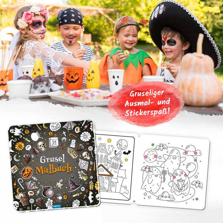 Produktbild: TR&Ouml;TSCH - Gruselmalbuch mit Stickern | Halloween Malbuch mit s&uuml;&szlig;en Gruselmotiven, Stickern und Bastelideen | Halloween Ausmalbilder f&uuml;r Buntstifte, Wasserfarben und Wachsmalstifte | Ab 5 Jahren