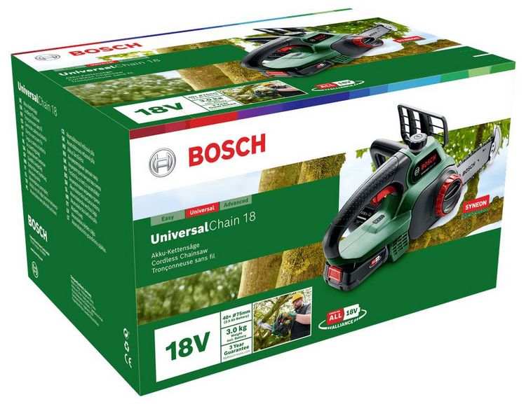 Produktbild: Bosch Home and Garden UniversalChain 18 Akku Kettens&auml;ge inkl. Akku, mit Schutzb&uuml;gel Schwertl&auml;nge 200 mm
