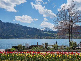 Produktbild: CALVENDO Puzzle Fr&uuml;hlingshaftes Seeufer am Kurort Tegernsee | 1000 Teile Lege-Gr&ouml;&szlig;e 64x48cm Foto-Puzzle f&uuml;r gl&uuml;ckliche Stunden