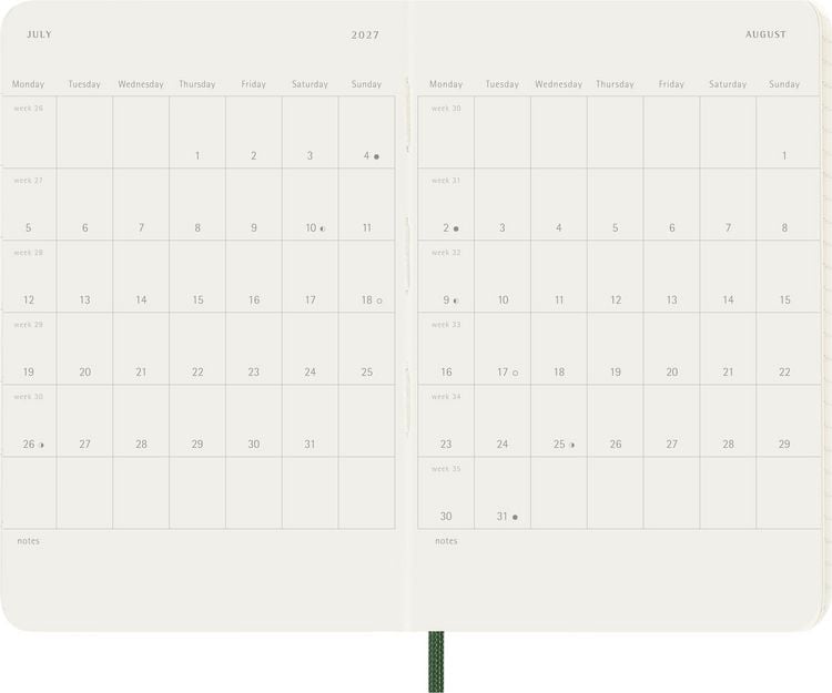 Produktbild: Moleskine 12 Monate Wochen Notizkalender 2027, Pocket/A6, 1 Wo = 1 Seite, rechts linierte Seite, Weicher Einband, Myrtengr&uuml;n