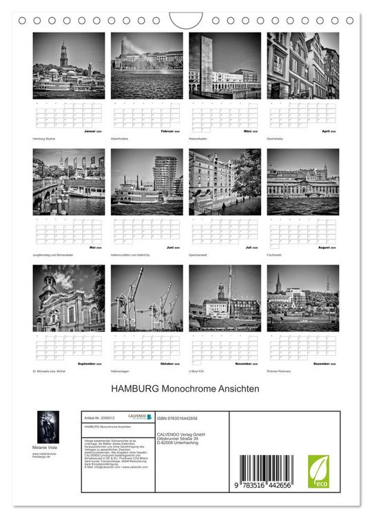 Produktbild: HAMBURG Monochrome Ansichten (Wandkalender 2026 DIN A4 hoch), CALVENDO Monatskalender