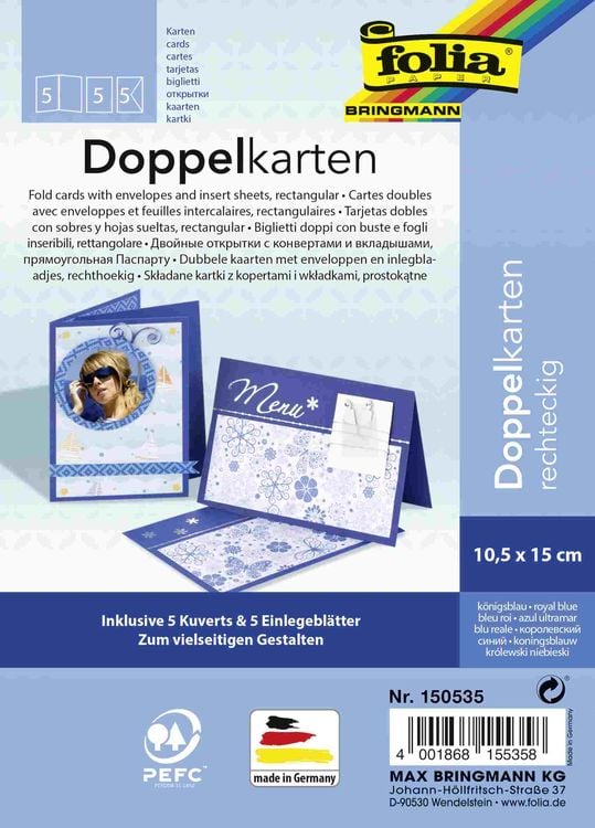 Produktbild: Folia Klappkarten/Doppelkarten f&uuml;r Einladungen, Gl&uuml;ckwunsch- oder Gru&szlig;karten, 10,5x15cm, k&ouml;nigsblau, 5 Karten + Kuverts + Einlagen