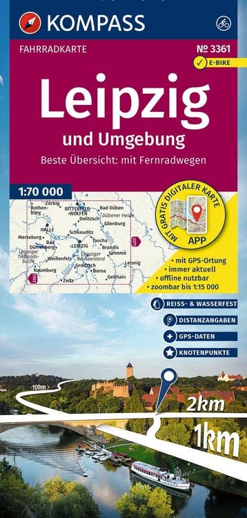 Produktbild: KOMPASS Fahrradkarte 3361 Leipzig und Umgebung mit Knotenpunkten 1:70.000