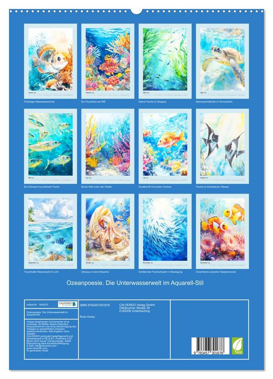 Produktbild: Ozeanpoesie. Die Unterwasserwelt im Aquarell-Stil (hochwertiger Premium Wandkalender 2026 DIN A2 hoch), Kunstdruck in Hochglanz