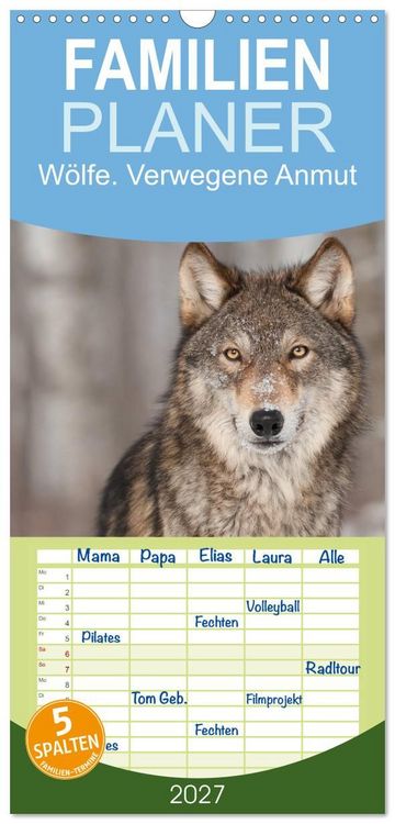 Produktbild: Familienplaner 2027 - W&ouml;lfe. Verwegene Anmut mit 5 Spalten (Wandkalender, 21 x 45 cm) CALVENDO