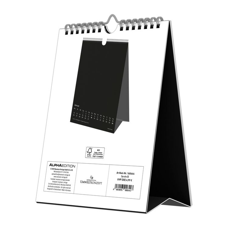 Produktbild: Kreativ-Kalender Tischaufsteller hoch schwarz 2026 - 16 x 20 - Foto, Malen, Basteln A4 - datiert - Kreativkalender - Foto-Kalender - Alpha Edition