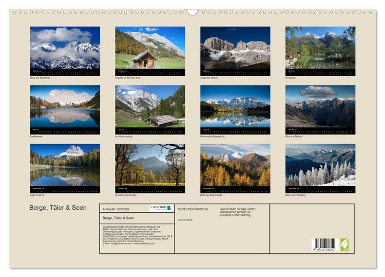 Produktbild: Berge, T&auml;ler & Seen (Wandkalender 2026 DIN A2 quer), CALVENDO Monatskalender