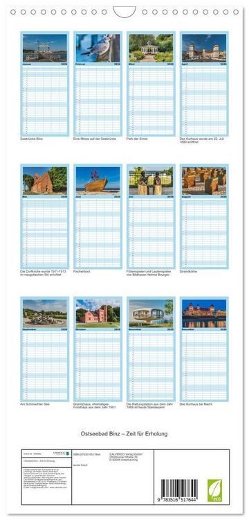 Produktbild: Familienplaner 2026 - Ostseebad Binz &ndash; Zeit f&uuml;r Erholung mit 5 Spalten (Wandkalender, 21 x 45 cm) CALVENDO