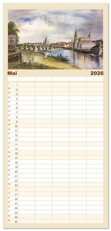Produktbild: Familienplaner 2026 - Dresden und das Elbtal - Ein Aquarellkalender von Claudia Pinkau mit 5 Spalten (Wandkalender, 21 x 45 cm) CALVENDO