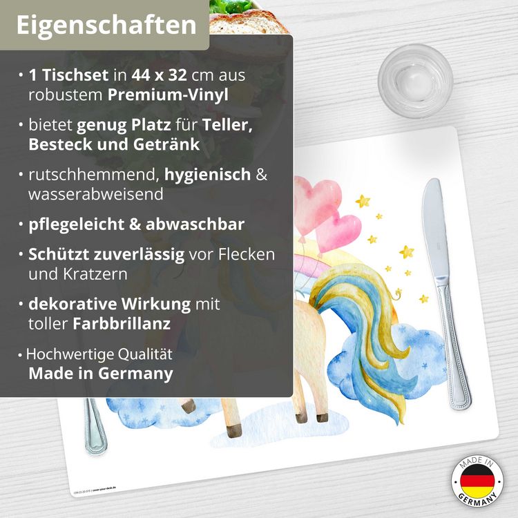 Produktbild: Tischsetmacher Tischset f&uuml;r Kinder Einhorn in den Wolken, aus hochwertigem Vinyl , 44 x 32 cm