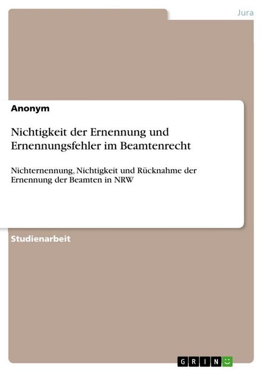 Produktbild: Nichtigkeit der Ernennung und Ernennungsfehler im Beamtenrecht