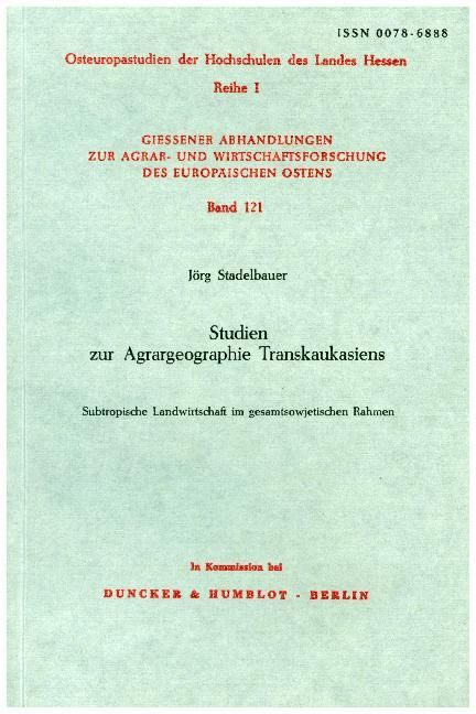 Produktbild: Studien zur Agrargeographie Transkaukasiens.