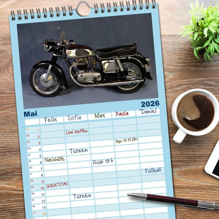 Produktbild: Familienplaner 2026 - Deutsche Motorrad Oldtimer mit 5 Spalten (Wandkalender, 21 x 45 cm) CALVENDO