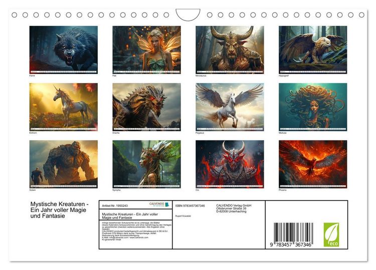 Produktbild: Mystische Kreaturen - Ein Jahr voller Magie und Fantasie (Wandkalender 2026 DIN A4 quer), CALVENDO Monatskalender