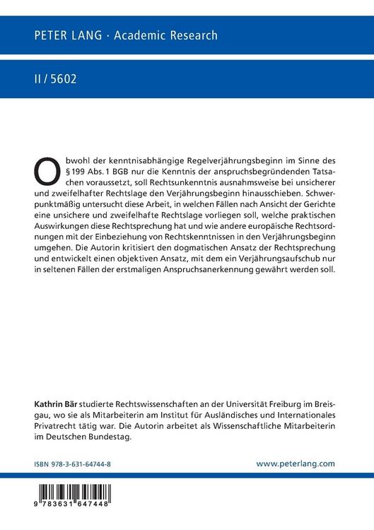 Produktbild: Die Verj&auml;hrung von Anspr&uuml;chen bei unsicherer und zweifelhafter Rechtslage