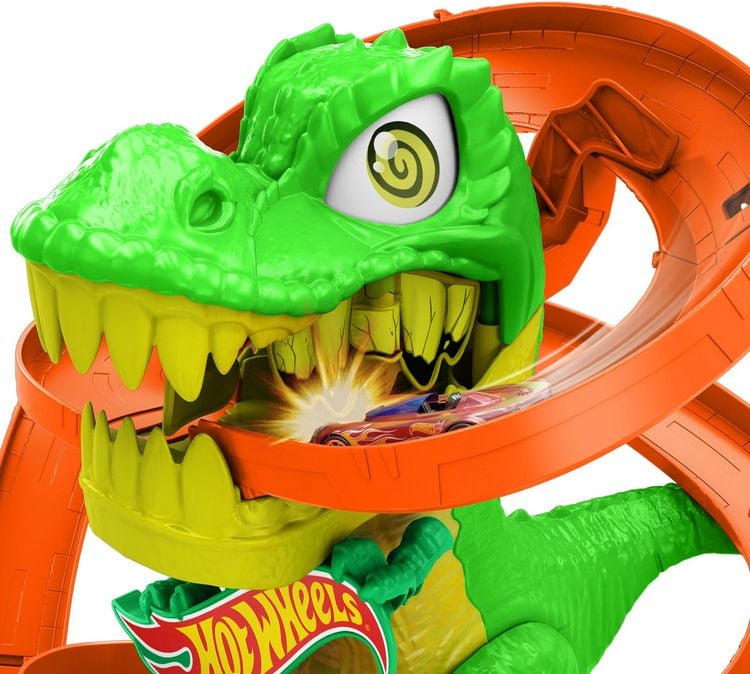Produktbild: Hot Wheels City T-Rex-Feuerschlacht Spielset und Die-Cast-Spielzeugauto im Maßstab 1:64, gegnerischer Dinosaurier