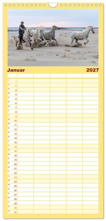Produktbild: Familienplaner 2027 - Die wei&szlig;en Pferde der Camargue mit 5 Spalten (Wandkalender, 21 x 45 cm) CALVENDO