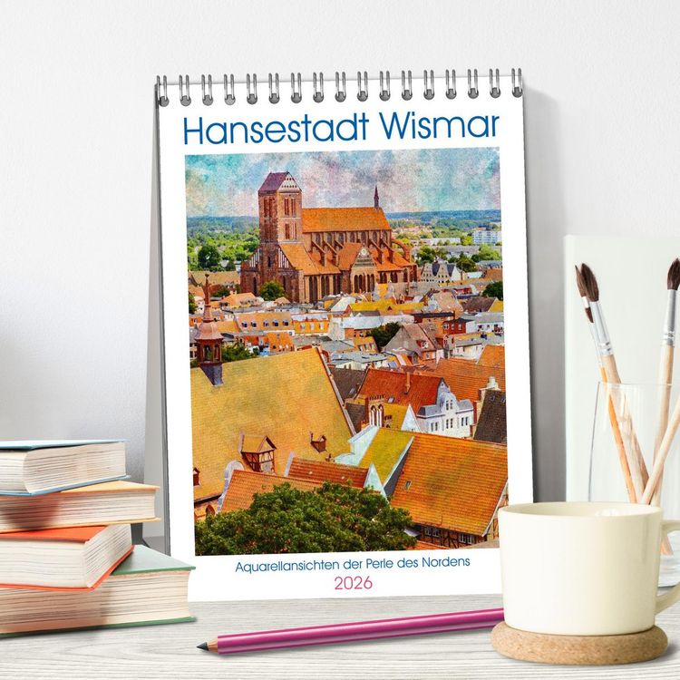 Produktbild: Hansestadt Wismar - Aquarellansichten der Perle des Nordens (Tischkalender 2026 DIN A5 hoch), CALVENDO Monatskalender