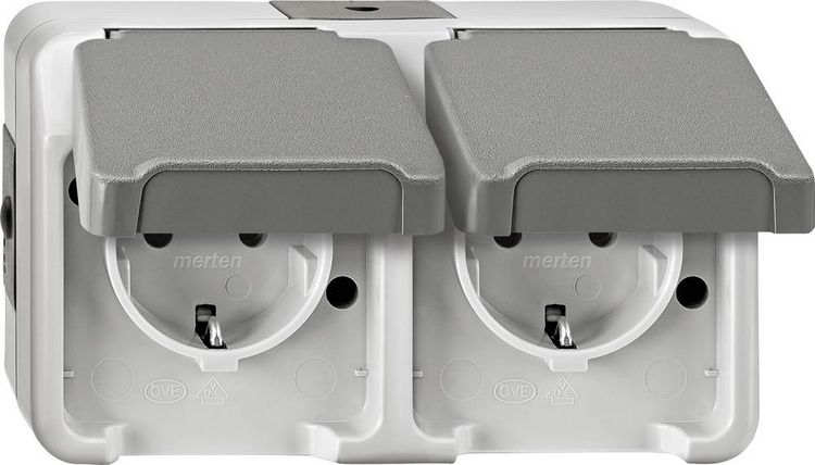 Produktbild: Merten 2fach Feuchtraum-Schalterprogramm Komplett Schutzkontakt-Steckdose mit Klappdeckel AQUASTAR Lichtgrau 4074947 1 St.
