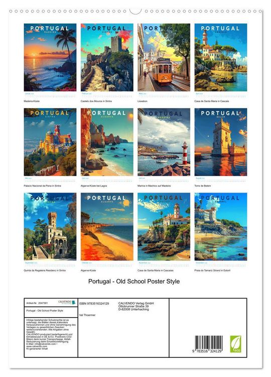 Produktbild: Portugal - Old School Poster Style (hochwertiger Premium Wandkalender 2026 DIN A2 hoch), Kunstdruck in Hochglanz