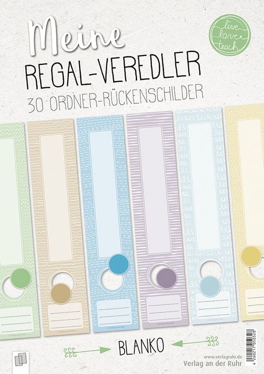 Produktbild: Meine Regal-Veredler "live - love - teach": 30 Ordner-R&uuml;ckenschilder - alle F&auml;cher - blanko
