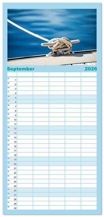 Produktbild: Familienplaner 2026 - Mit dem Wind um die Welt - segeln mit 5 Spalten (Wandkalender, 21 x 45 cm) CALVENDO