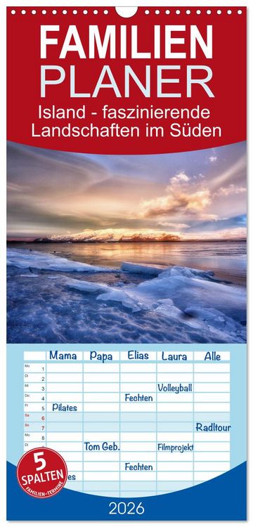 Produktbild: Familienplaner 2026 - Island - faszinierende Landschaften im S&uuml;den mit 5 Spalten (Wandkalender, 21 x 45 cm) CALVENDO