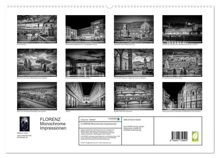 Produktbild: FLORENZ Monochrome Impressionen (hochwertiger Premium Wandkalender 2026 DIN A2 quer), Kunstdruck in Hochglanz